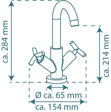 ELIOT tweegreepskraan wastafel, chroom  draaibare uitloop  keramische ½ ventiel bovenstukken   flexibele metalen aansluitslangen volgens DVGW/KTW-A  1 ¼ messing-afvoerplug en waste stangen  mou