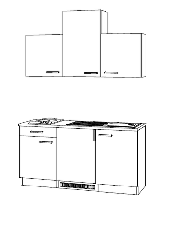 Minikeuken 150 cm, onderbouwkoelkast, Inbouwkookplaat met 2 kookplaaten edelstaal 1501-9 