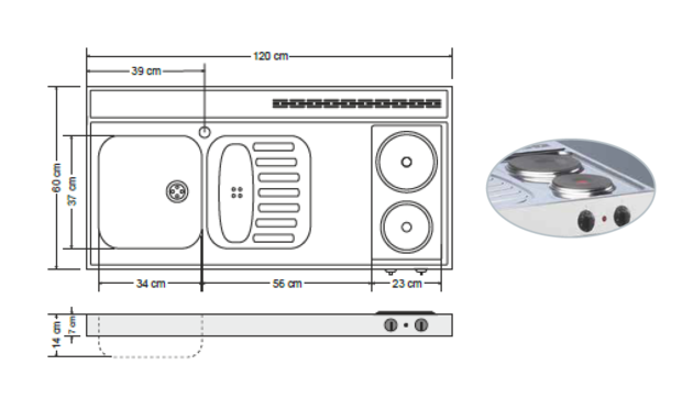 RVS aanrechtblad opleg 120cm x 60cm met 2-pit Elektrische kookplaat RAI-2553