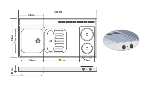 RVS aanrechtblad opleg 120cm x 60cm met 2-pit Keramische kookplaat RAI-2556