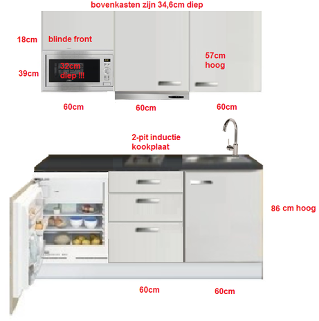 Keukenblok wit hoogglans 180 koelkast, kookplaat afzuigkap RAI-5421 - KitchenetteOnline