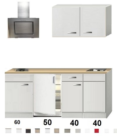 Kitchenette 190cm Wit Hoogglans incl. 2-pit kookplaat, koelkast en afzuigkap HRF-4601