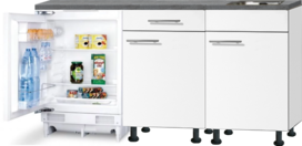 Keukenblok 180cm Wit mat met inbouw koelkast en rvs spoelbak RAI-0202