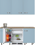 kitchenette 180 cm blauw met stelpoten en inbouw koelkast en wandkasten RAI-410 kitchenette 180 cm blauw met stelpoten en inbouw koelkast en wandkasten RAI-410