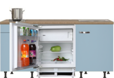 kitchenette 180 cm blauw met stelpoten en inbouw koelkast RAI-405 kitchenette 180 cm blauw met stelpoten en inbouw koelkast RAI-405