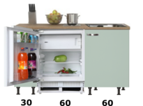 kitchenette 150cm groen met stelpoten en inbouw koelkast RAI-770