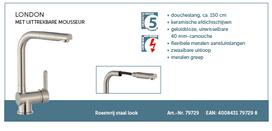 Lage druk keukenkraan LONDON ééngreepsmengkraan keuken, met uittrekbare sproeier, RVS-look HRG-336