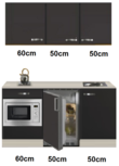 Keukenblok 160 Antraciet incl wandkasten rvs spoelbak en koelkast en magnetron RAI-415