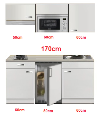 Kitchenette 170cm wit hoogglans met koelkast en kookplaat en magnetron en afzuigkap RAI-4331