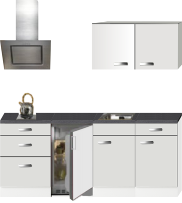 Kitchenette 210cm Wit Hoogglans incl. 2-pit kookplaat, koelkast en afzuigkap HRF-4602