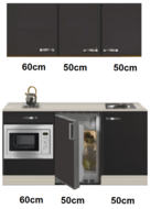 Keukenblok 160 Antraciet incl wandkasten rvs spoelbak en koelkast en magnetron RAI-415 afbeelding