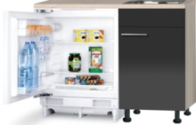 Keukenblok 110cm Antraciet glans met stelpoten, inbouw koelkast en rvs spoelbak RAI-955 afbeelding