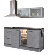 keukenblok 180cm betonlook met koelkast, afzuigkap en glazen wandkast 120cm RAI-886 afbeelding