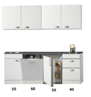 Kitchenette 200cm wit hoogglans met vaatwasser en koelkast en kookplaat RAI-448 afbeelding