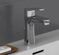 PICO ééngreepsmengkraan wastafel, chroom keramische schijven geluidsarme, verwisselbare 35 mm cartouche Eco-Click functie en kinderbeveiliging flexibele metalen aansluitslangen 1 ¼" (Ø ca.