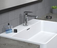 LIVERPOOL ééngreepsmengkraan wastafel, chroom keramische schijven geluidsarme, verwisselbare 35 mm-cartouche Eco-Click functie flexibele metalen aansluitslangen 500 mm volgens DVGW/KTW-A 1