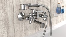 ELK tweegreepskraan bad, chroom inclusief doucheset keramische ½" ventiel bovenstukken ½" (Ø ca. 1,9 cm) verbinding voor doucheslang mousseur KIWA-gekeurd metalen grepen garantie: 5 jaa