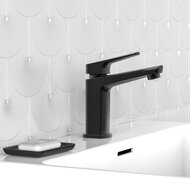 RAVEN ééngreepsmengkraan wastafel, zwart mat keramische schijven geluidsarme, verwisselbare 25 mm-cartouche flexibele metalen aansluitslangen 400 mm volgens DVGW/KTW-A 1 ¼" (Ø ca. 4 cm) Push-