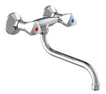 CESTI tweegreepskraan keuken, wandmontage, chroom draaibare uitloop, lengte: ca. 20 cm lengte uitloop (voorsprong): ca. 27,5 cm ½" (Ø approx. 1,9 cm) keramische ventiel bovenstukken garantie afbeelding
