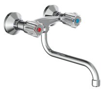 BRILLANT tweegreepskraan keuken, wandmontage, chroom draaibare uitloop, lengte: ca. 20 cm lengte uitloop (voorsprong): ca. 25 cm ½" (Ø approx. 1,9 cm) keramische ventiel bovenstukken BRILLAN afbeelding