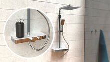 OCEAN douchesysteem met thermostatische mengkraan en glazen planchet, chroom-wit super flat hoofddouche van roestvrij staal met antikalk nozzles, maat: ca. 30 x 30 cm handdouche, 3 functies met an