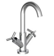 ELIOT tweegreepskraan wastafel, chroom draaibare uitloop keramische ½" ventiel bovenstukken flexibele metalen aansluitslangen volgens DVGW/KTW-A 1 ¼" messing-afvoerplug en waste stangen mou afbeelding