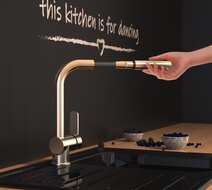 LONDON ééngreepsmengkraan keuken met uittrekbare uitloop, roestvrij staal-look uittrekbare hoge uitloop, draaibereik 360° cold-start functie - koud water bij greep in de middelste stand keramisc