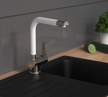 RIO ééngreepsmengkraan keuken met hoge uitloop, RVS /wit mat elegante kraan met hoge uitloop en draaibereik 360° cold-start functie - koud water bij greep in de middelste stand keramische schijv